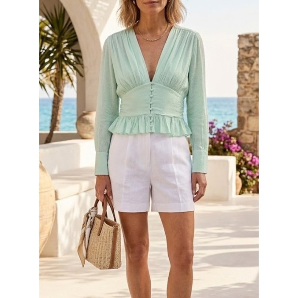 ROTATE Birger Christensen Crop Top Plunge Neckline Long Sleeve Mint Green Size 2